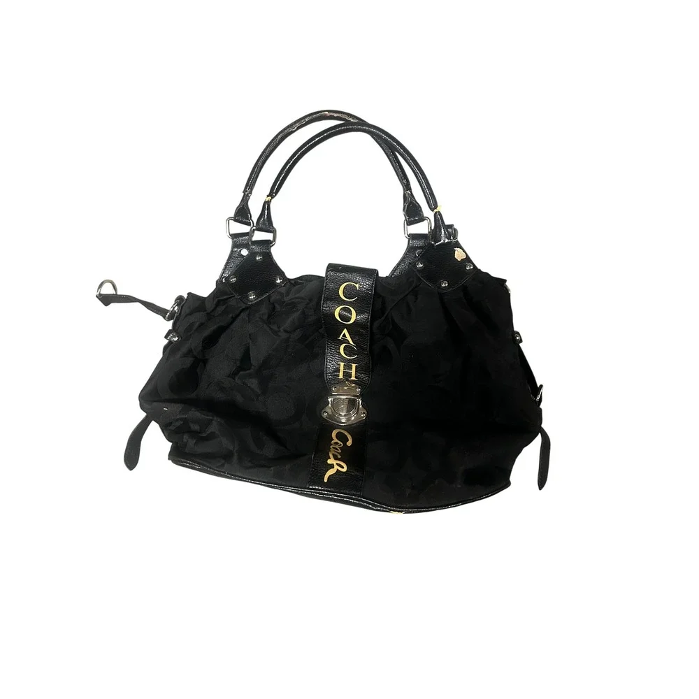 Coach Black Signature Jacquard Leather Satchel Shoulder Bag Turnlock Pleated